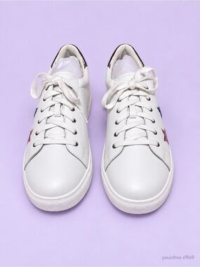Cute White leather Lace-Up Women's Sneakers with Metallic Star Accents